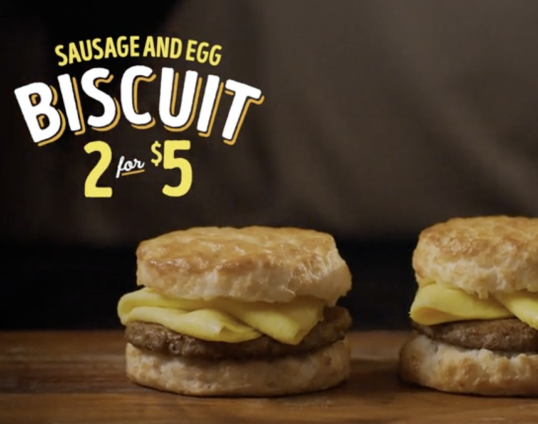 Two sausage and egg biscuits from Bojangles served on scratch-made buttermilk biscuits for breakfast