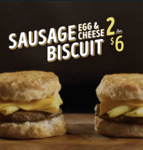 Two sausage egg and cheese biscuits from Bojangles on scratch-made buttermilk biscuits served for breakfast
