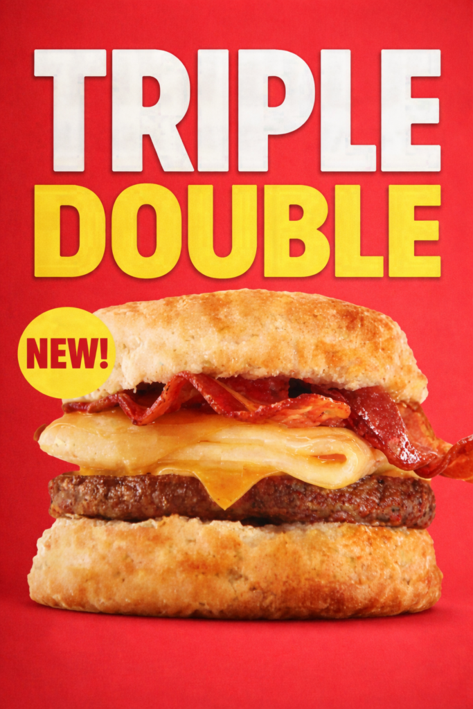 Bojangles Triple Double biscuit with stacked sausage, bacon, egg and cheese on a made from scratch biscuit