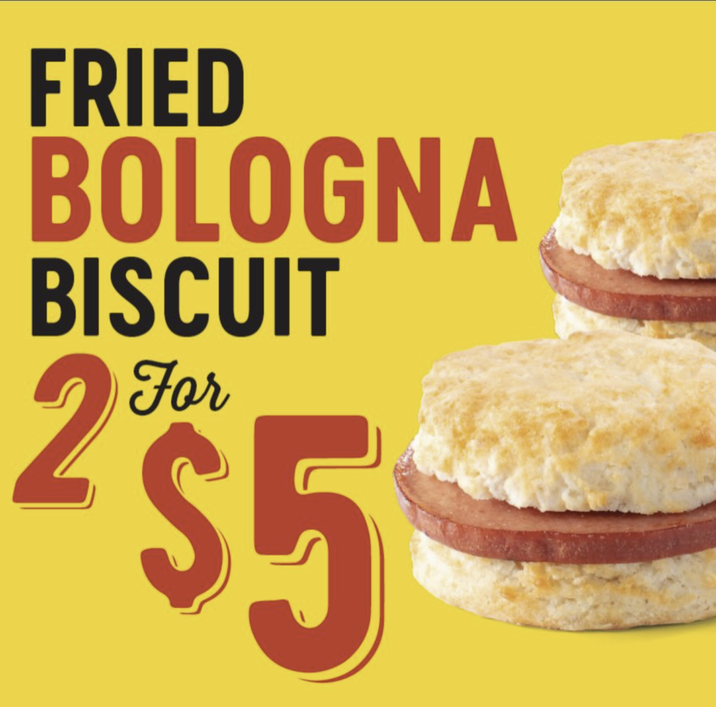 2 for $5 bologna biscuit deal at Bojangles featuring fresh made biscuits and savory pan-seared bologna. Southern breakfast value offer available in Myrtle Beach and Grand Strand locations.