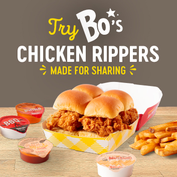 Bo’s Chicken Rippers from Bojangles featuring hand-breaded chicken bites on Martin’s Sweet Party Potato Rolls with dipping sauces.