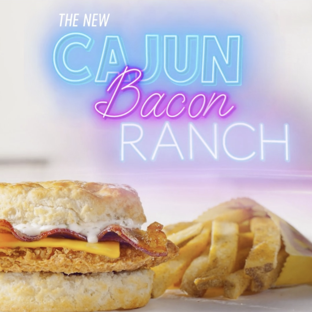 Bojangles Cajun Bacon Ranch Biscuit featuring a seasoned Cajun chicken filet topped with bacon, ranch, and melted cheese on a buttermilk biscuit.