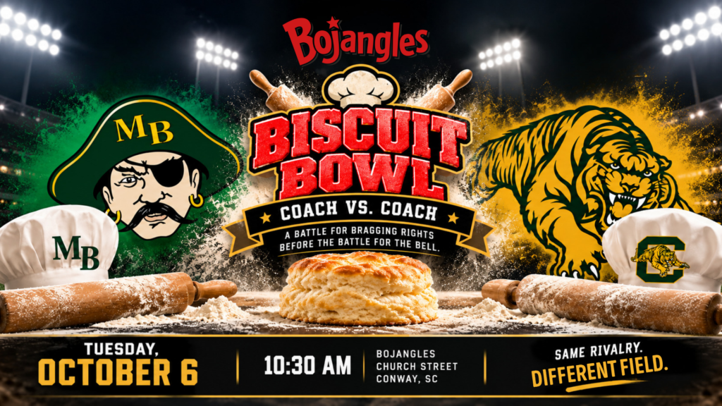 Bojangles Biscuit Bowl featuring Conway High School and Myrtle Beach High School in a coach-vs.-coach biscuit-making competition on October 6 at the Church Street Bojangles in Conway, SC.